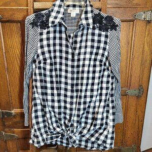 Style & Co Black & White Gingham Plaid Button front Shirt Roll Tab Sleeve - PS